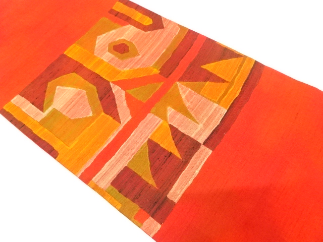 手織り紬　幾何学模様織り出し　名古屋帯